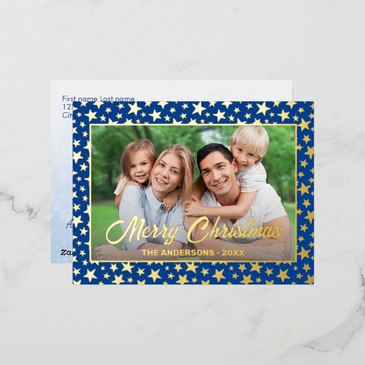 写真モダンクリスマエレガントスの金ゴールド星海軍の青 箔シーズンポストカード (正面/裏面)