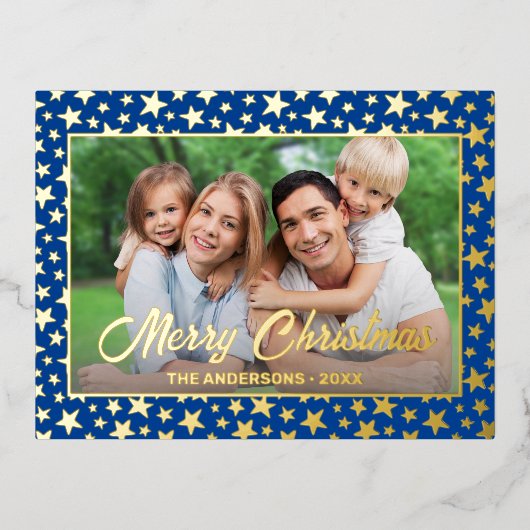 写真モダンクリスマエレガントスの金ゴールド星海軍の青 箔シーズンポストカード (正面)