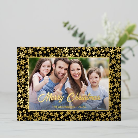 写真モダンクリスマエレガントスの黒と金ゴールド 箔シーズンカード (立ち正面)