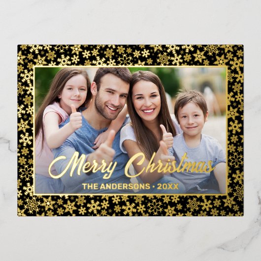 写真モダンクリスマエレガントスの黒と金ゴールド 箔シーズンポストカード (正面)