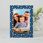 写真モダンクリスマスの星ネイビー青のスクリプト箔 箔シーズンカード (立ち正面)