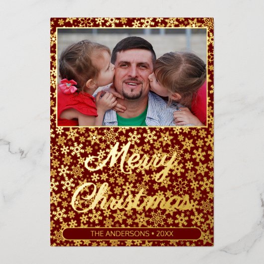 写真モダンクリスマスの燃えエレガント立つ雪の結晶 箔シーズンカード (正面)