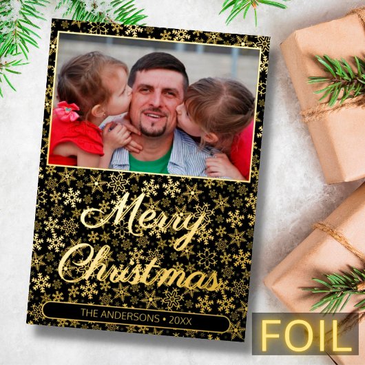 写真モダンクリスマスの雪片ブラックと金ゴールド 箔シーズンカード