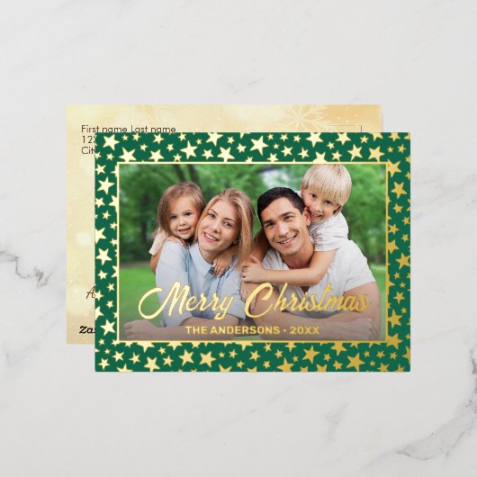 写真モダンクリスマスエレガントの台本は緑 箔シーズンポストカード (正面/裏面)