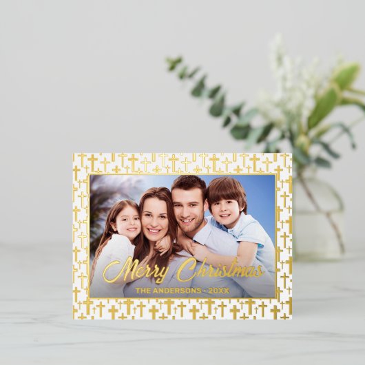 写真モダンクリスマスエレガントの台本イエス・クロス 箔シーズンポストカード (立ち正面)