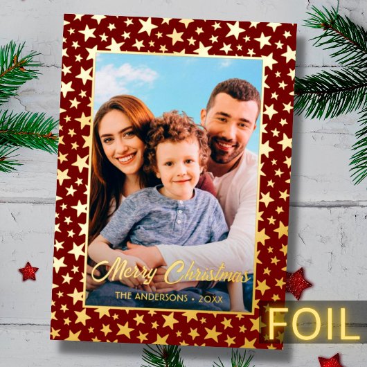 写真モダンクリスマスエレガントの星が赤く燃える 箔シーズンカード