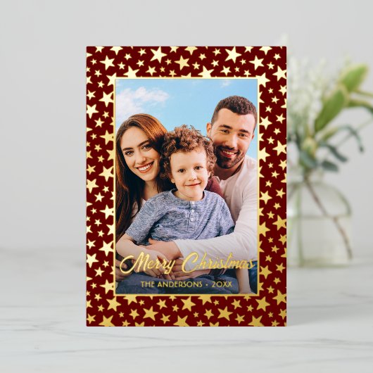 写真モダンクリスマスエレガントの星が赤く燃える 箔シーズンカード (立ち正面)