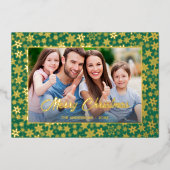 写真モダンクリスマスエレガントの雪片グリーン 箔シーズンカード (正面)