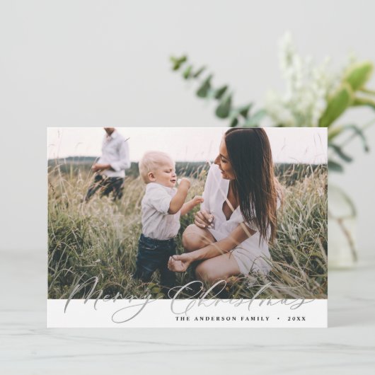 写真モダンクリスマスエレガント銀文字 シーズンカード (スタンド正面)