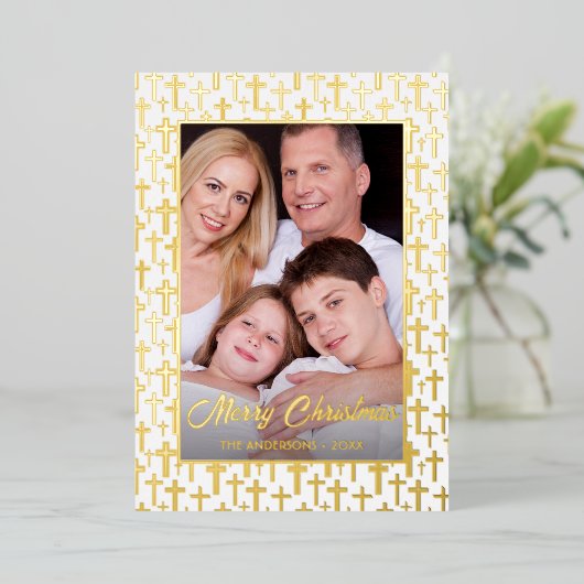 写真モダンクリスマスエレガント黄金のイエス十字架 箔シーズンカード (立ち正面)