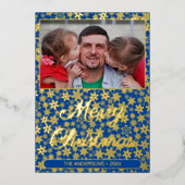 写真モダンクリスマススクリプトのスノーフレークのネイビーブルー 箔シーズンカード (正面)