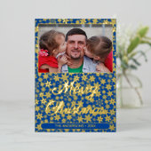 写真モダンクリスマススクリプトのスノーフレークのネイビーブルー 箔シーズンカード (立ち正面)