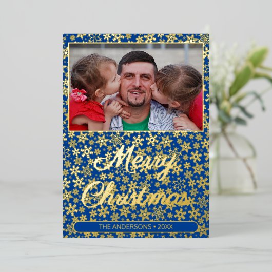 写真モダンクリスマススクリプトのスノーフレークのネイビーブルー 箔シーズンカード (立ち正面)