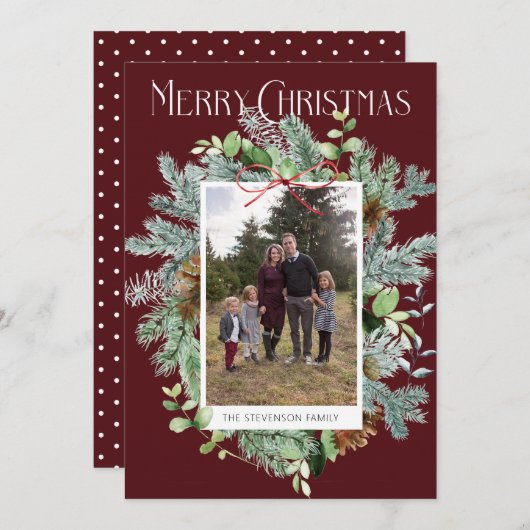 写真モダンクリスマスブルゴーニュグリーティングカード (正面/裏面)