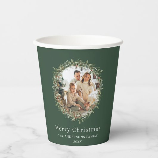 写真モダンクリスマスリース緑 紙コップ (正面)