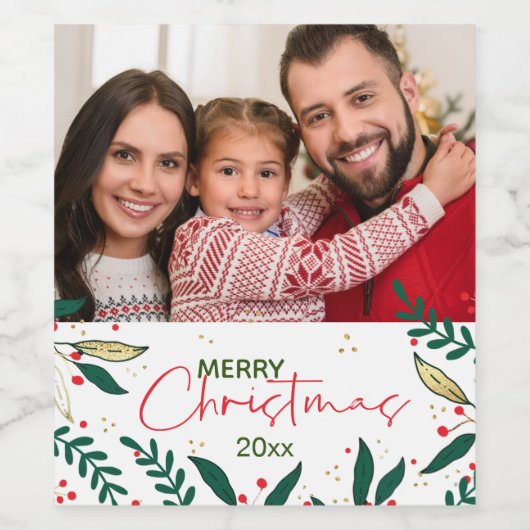 写真モダンクリスマス赤グリーン金ゴールド緑 ワインラベル (シングルラベル)