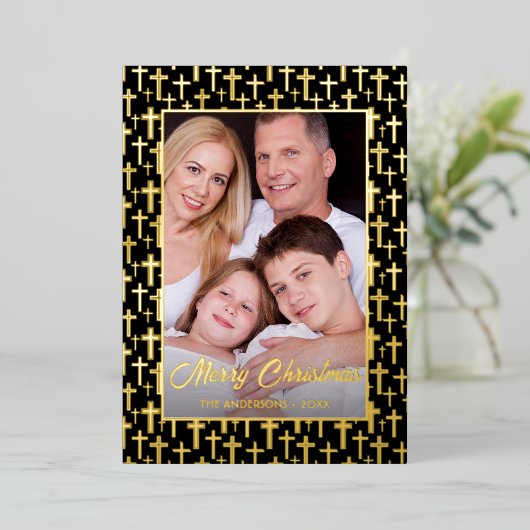 写真モダンクリスマス黒と金ゴールド十字架 箔シーズンカード (立ち正面)
