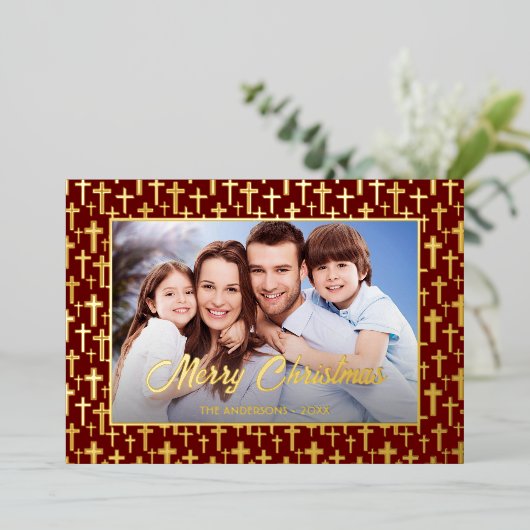 写真モダンクリスマス・イエスが赤いバーガンディを横切る 箔シーズンカード (立ち正面)