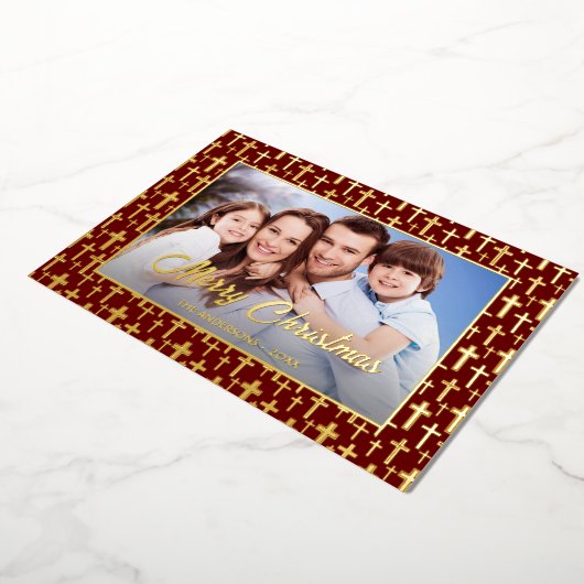 写真モダンクリスマス・イエスが赤いバーガンディを横切る 箔シーズンカード (回転した状態)