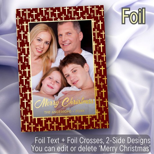 写真モダンクリスマス・イエスが赤いバーガンディを横切る 箔シーズンカード