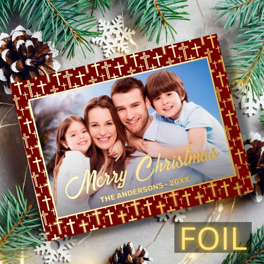 写真モダンクリスマス・イエスが赤いバーガンディを横切る 箔シーズンポストカード