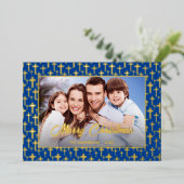 写真モダンクリスマス・イエスが青いホイル王室のを横切る 箔シーズンカード (立ち正面)