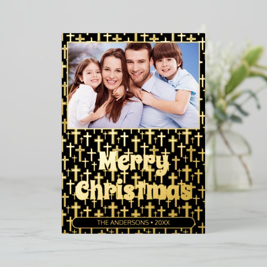 写真モダンクリスマス・イエスが黒と金ゴールドを交差 箔シーズンカード (立ち正面)