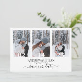 写真モダンコラージモノグラムミニマル結婚リスト セーブザデート (スタンド正面)