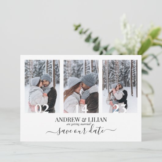 写真モダンコラージモノグラムミニマル結婚リスト セーブザデート (スタンド正面)