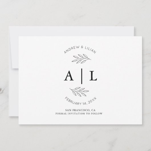 写真モダンコラージモノグラムミニマル結婚リスト セーブザデート (裏面)