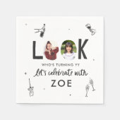 写真モダンコラージュおもしろい手書き誕生日 スタンダードカクテルナプキン (正面)