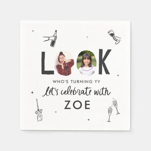写真モダンコラージュおもしろい手書き誕生日 スタンダードカクテルナプキン (正面)