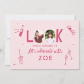 写真モダンコラージュおもしろい手書き誕生日 招待状 (正面)