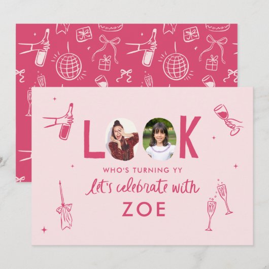 写真モダンコラージュおもしろい手書き誕生日 招待状 (正面/裏面)