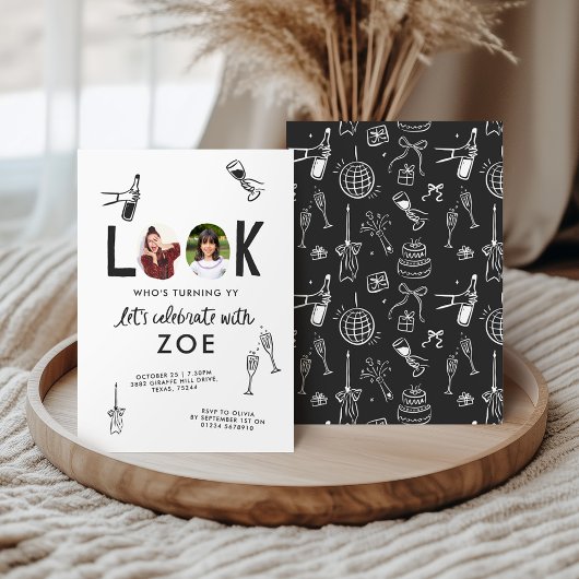 写真モダンコラージュおもしろい手書き誕生日 招待状