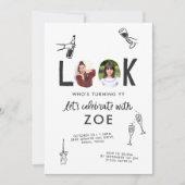 写真モダンコラージュおもしろい手書き誕生日 招待状 (正面)