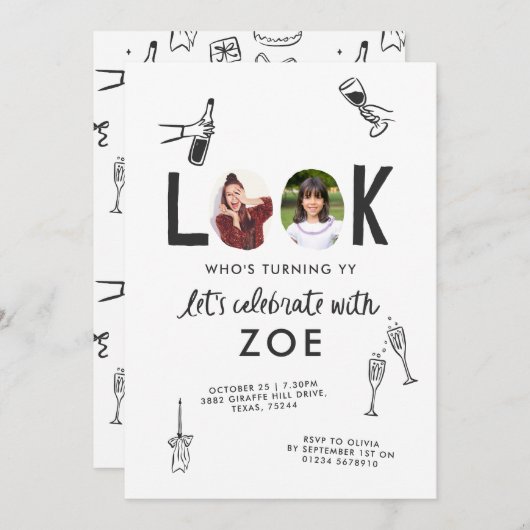 写真モダンコラージュおもしろい手書き誕生日 招待状 (正面/裏面)