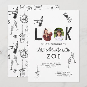 写真モダンコラージュおもしろい手書き誕生日 招待状