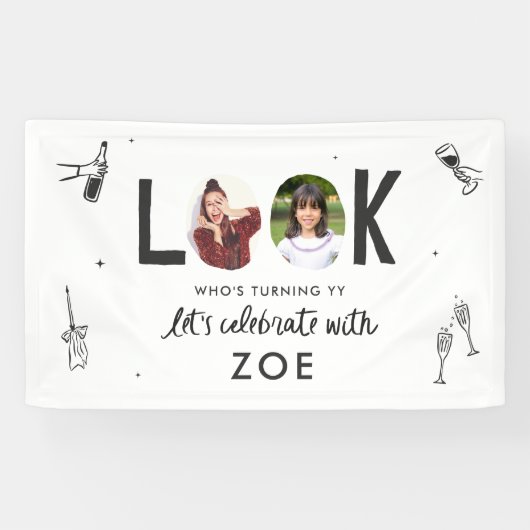 写真モダンコラージュおもしろい手書き誕生日 横断幕 (横)