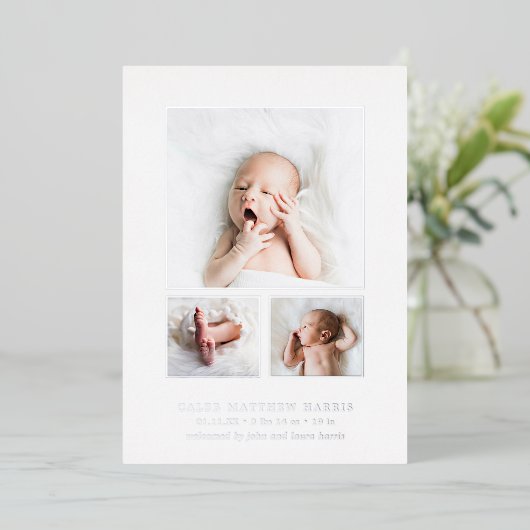 写真モダンコラージュのエレガント誕生の発表 箔招待状 (立ち正面)