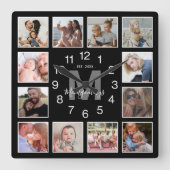 写真モダンコラージュの家族の名前ブラック スクエア壁時計 (正面)