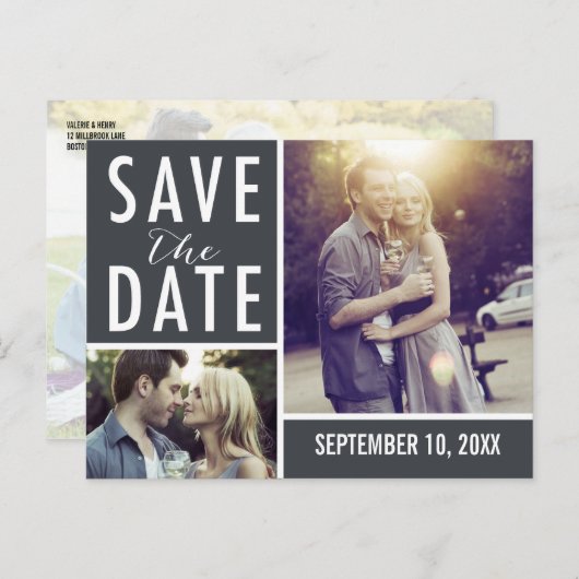 写真モダンコラージュの日付を保存 案内ポストカード (正面/裏面)