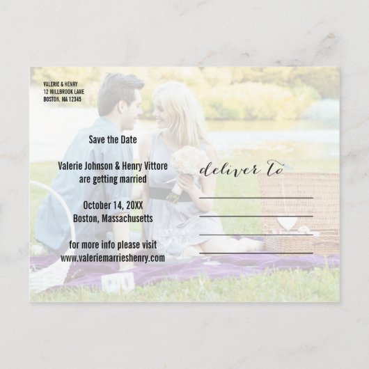 写真モダンコラージュの日付を保存 案内ポストカード (裏面)