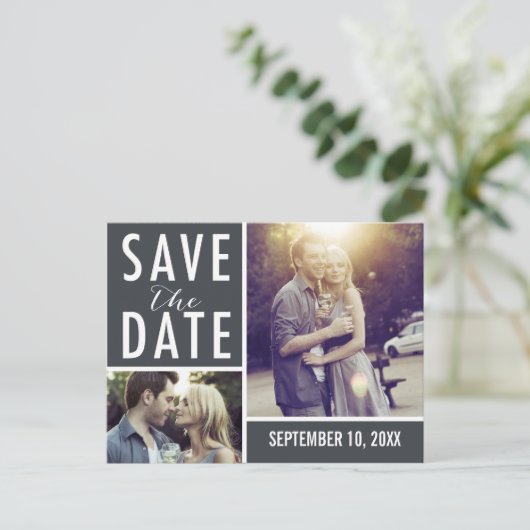 写真モダンコラージュの日付を保存 案内ポストカード (スタンド正面)