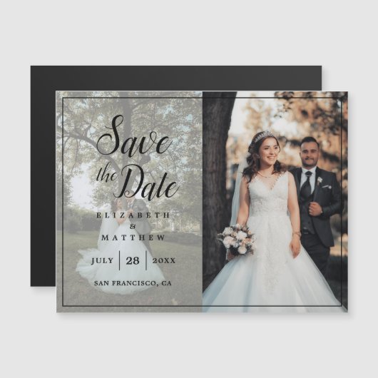 写真モダンコラージュの結婚式の日付の保存 マグネット招待状 (正面/裏面)