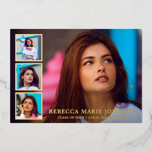 写真モダンコラージュエレガント卒業 箔招待状 (正面)