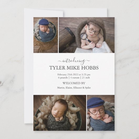 写真モダンコラージュカスタム生まれたばかりの男の赤ちゃん 案内状 (裏面)