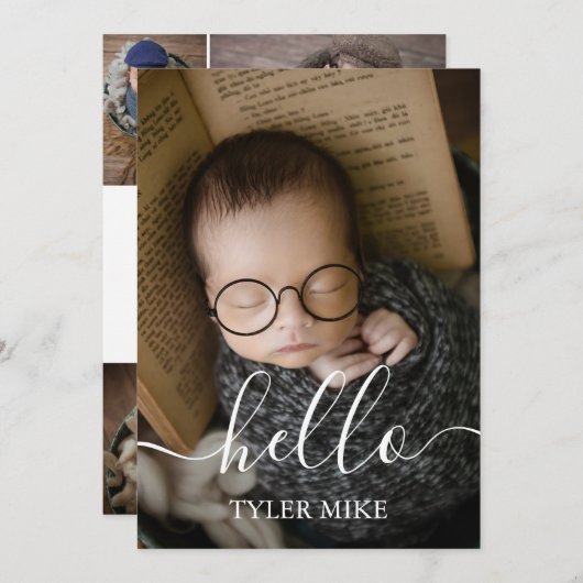 写真モダンコラージュカスタム生まれたばかりの男の赤ちゃん 案内状 (正面/裏面)
