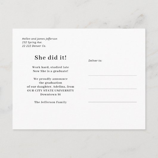 写真モダンコラージュタイポグラフィブラック卒業a 案内ポストカード (裏面)