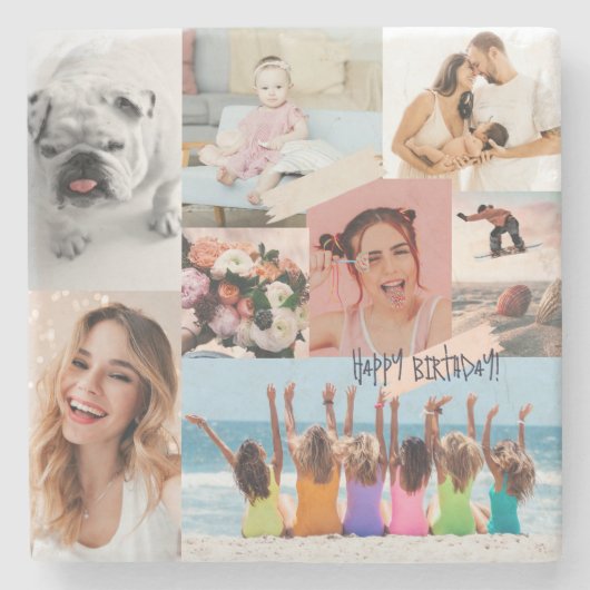 写真モダンコラージュハッピーバースデーかわいい ストーンコースター (正面)